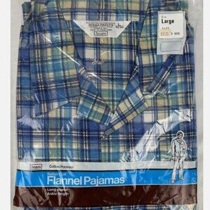 NEW Vintage Sears Blue Plaid Flannel Pajama Set PJs Mens L Long Sleeve Pant 2 PC